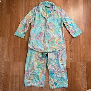 LAUREN RALPH LAUREN Paisley Blue Pink Cotton Button Down Pajama Set Capri Medium